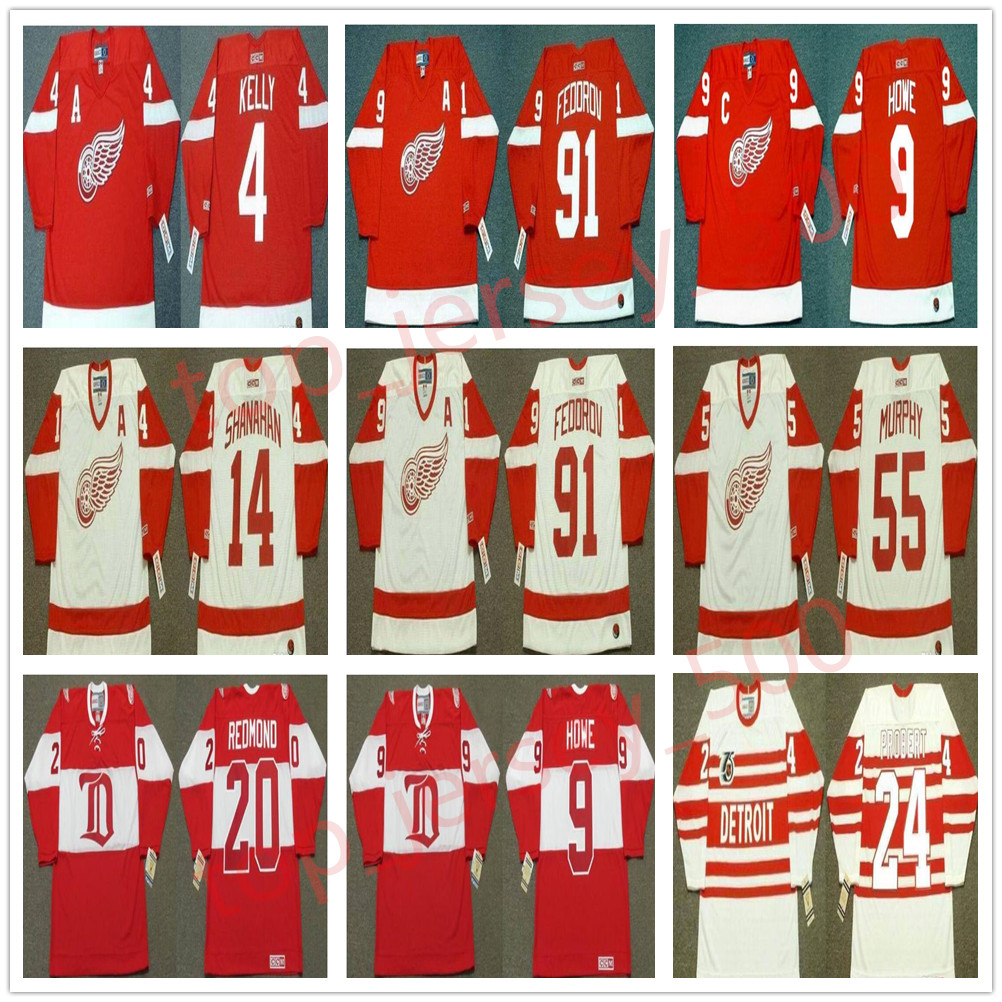 

Vintage Detroit Red Wings Jerseys 14 Brendan Shanahan 24 BOB PROBERT 55 LARRY MURPHY 9 Gordie Howe 91 Sergei Fedorov 20 REDMOND CCM Hockey, As shown in illustration