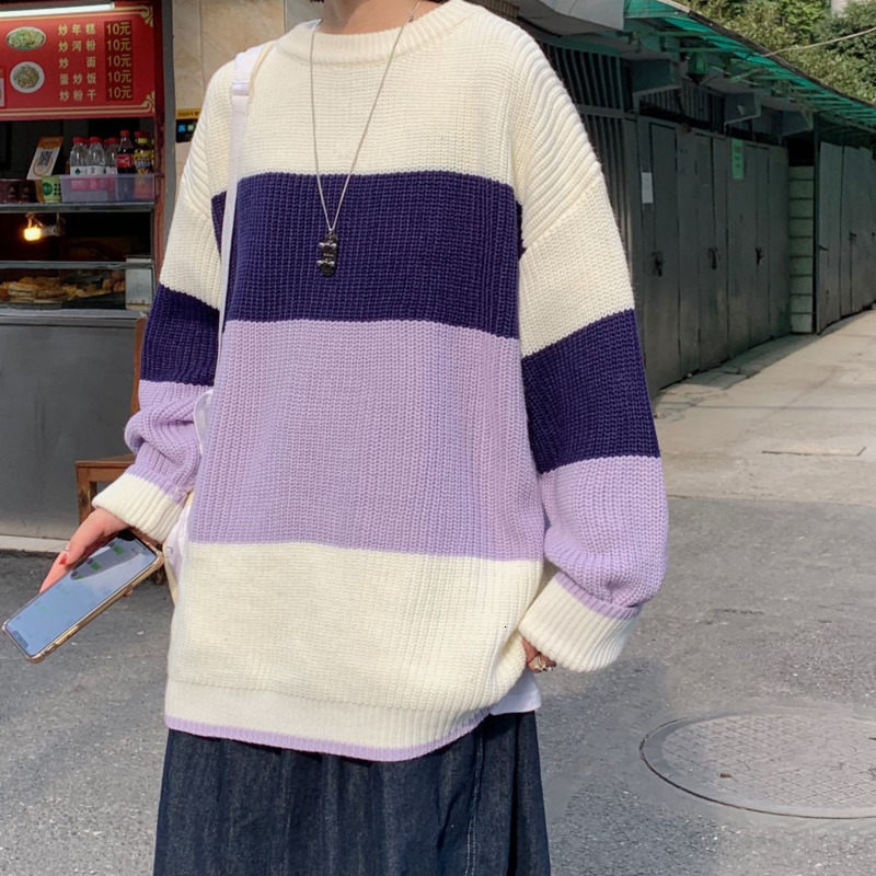 

2021 New Winter Thick Sweater Warm Fashion Casual Stripe Knit Pullover Men Loose Korean Couple Knitting Sweaters Mens Clothes M-2xl Dep4, Gray stripe