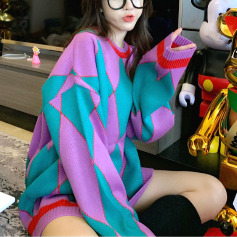 

2021 New Knitted Pullover Women Crewneck Patchwork Female Swteewear Oversize Korean Sweater Women's Clothing Autumn Gr8e, Patchwork sweater