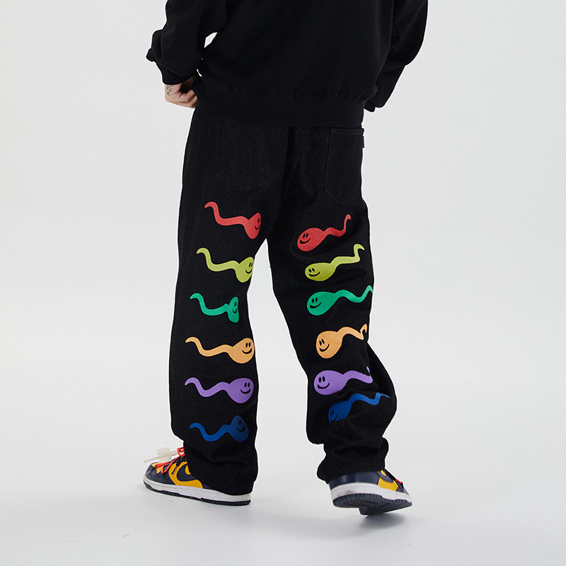 

2021 New Novo Girino Imprimir Tamanho e Reta Graffiti De Brim Casal Harajuku Streetwear Denim Es Calas Casuais 118w, Black