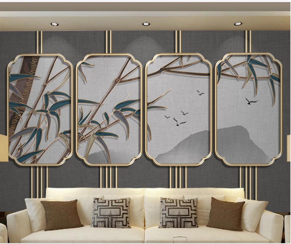 

New Chinese style bamboo ink painting distant mountain bird golden embossed line wallpapers background wall, Grey