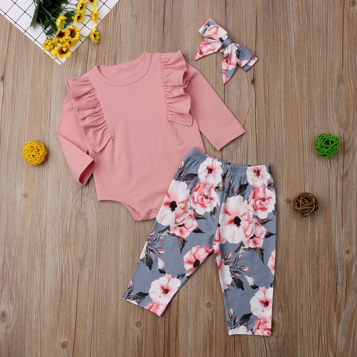 

0-4Y Spring Autumn Newborn Toddler Baby Girls Clothes Set Long Sleeve Romper + Flower Pants 3PCS Sunsuit Outfits, Pink