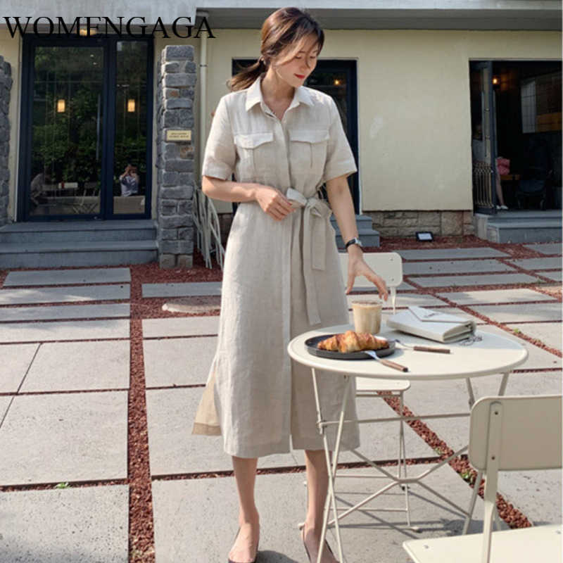 

Korea korean temperament bandage waist short sleeve shirt style dresses famale summer cotton and linen dress Y024 210603, Light beige