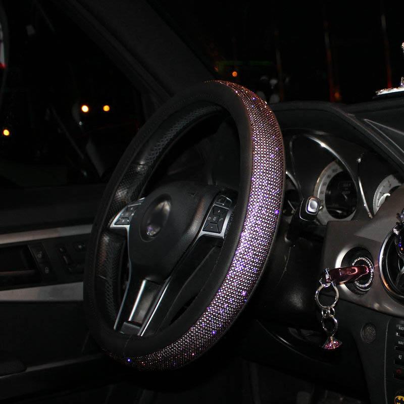 

Steering Wheel Covers Genuine Leather Cover Noble Purple Rhinestone Diamond Crystal Car Wheels For Women Accessories