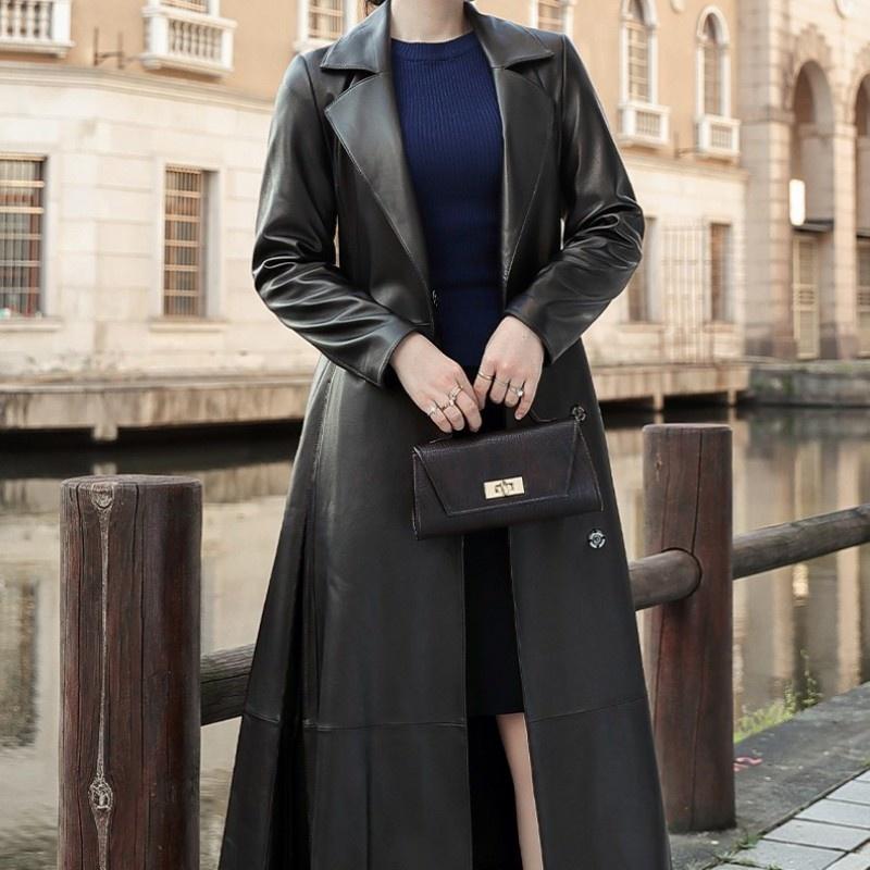 

Women's Leather & Faux Real Sheepskin Trench Coat Women Elegant Office Lady Slim Overcoat Autumn Streetwear Lapel Belt Windbreaker Oversize, Black