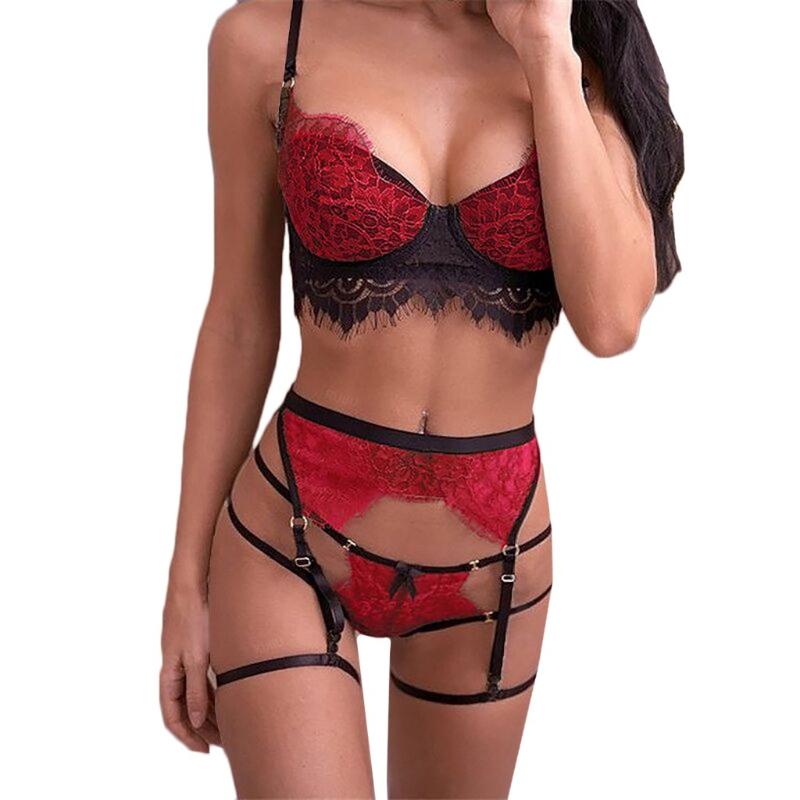 

Women Lace Sexy Lingerie Straps Bra And Panty Garter Set Underwear Babydoll Women Underwear Sexy Lace Garter Three-Piece Suit, Rd