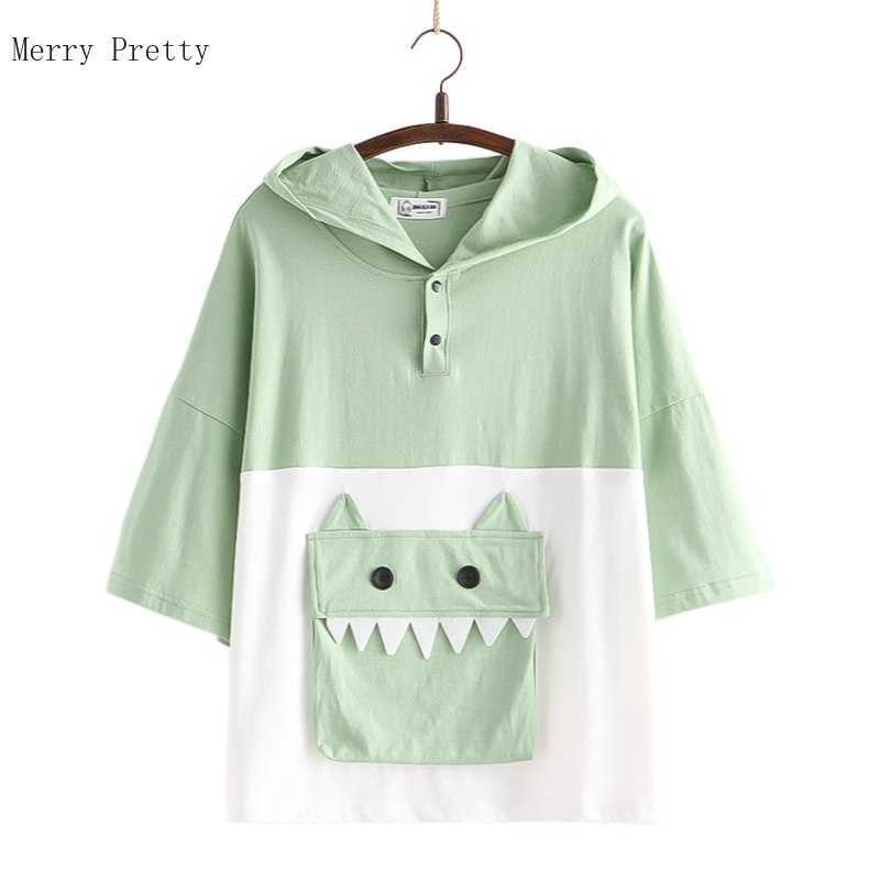 

Harakuju Dinosaur Pocket Kawaii Hoodies Women Summer Half Sleeve Cotton Hooded Sweatshirts Sweet Style Korean Fashion Tops 210526, Blue