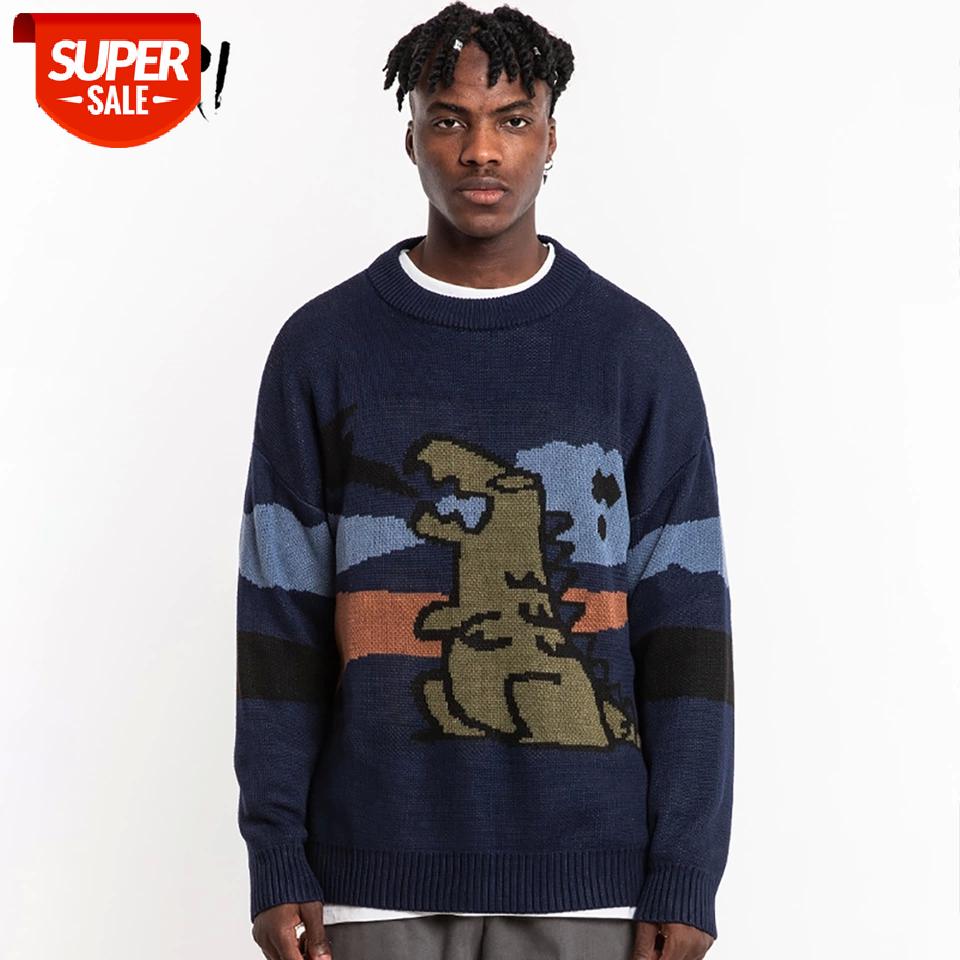 

Men Hip Hop Sweater Cartoon Dinosaur Casual Loose Knitted Pullover Autumn Winter Knitted Men's Sweater Couple Unisex Design #8z82, White;black