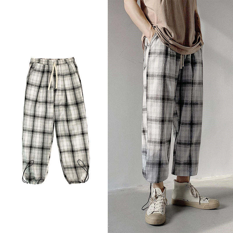 

2021 New Men's Cotton Linen Material Lattice Printing Casual Cargo Baggy Haren Pants Streetwear 3 Color Trousers Size M-5xl Aytg, Red