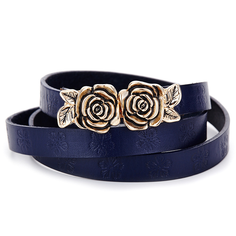 

2021 New Fashion Genuine Leather Thin Woman Rose Buckle Cow Belts Women Top Quality Strap Female Hook Belt Accessories E99o, Black