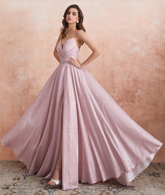 Pink V-neck Sparkly Party Prom Dress Side Split Evening Gowns Spaghetti Straps Lace Up Back Floor Length A Line Women&#039;s Dresses-image-739654548