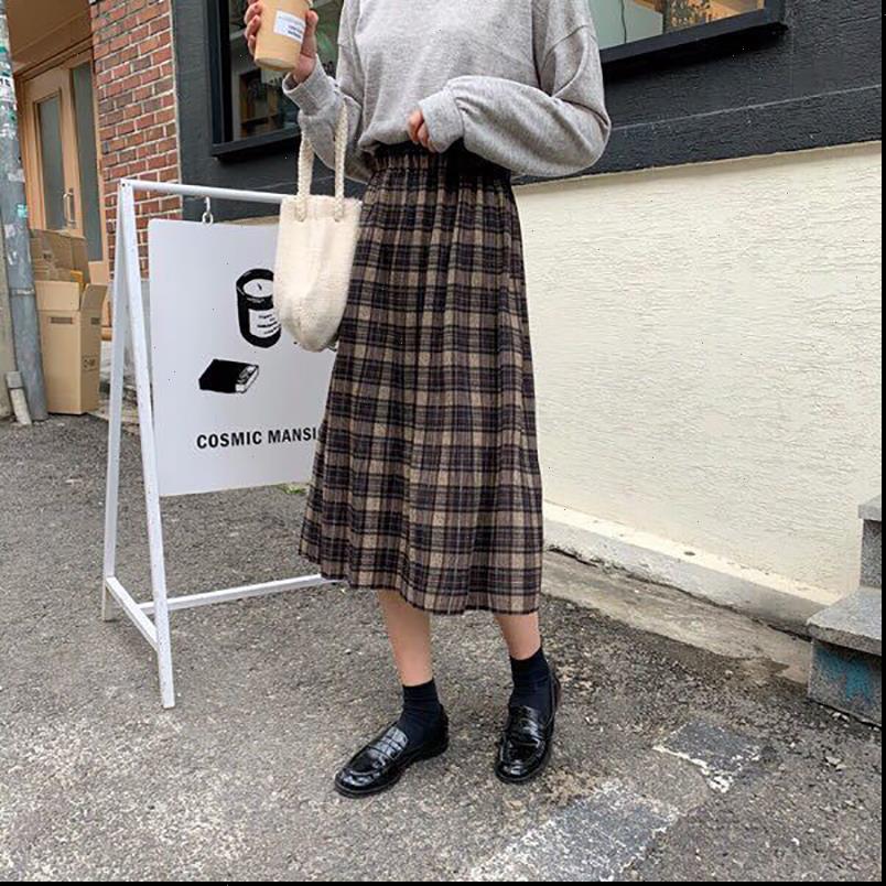 

Elastic High Waist Plaid Korean Women Skirts Version Spring Slim Pleated Mid Length Female vintage, Black