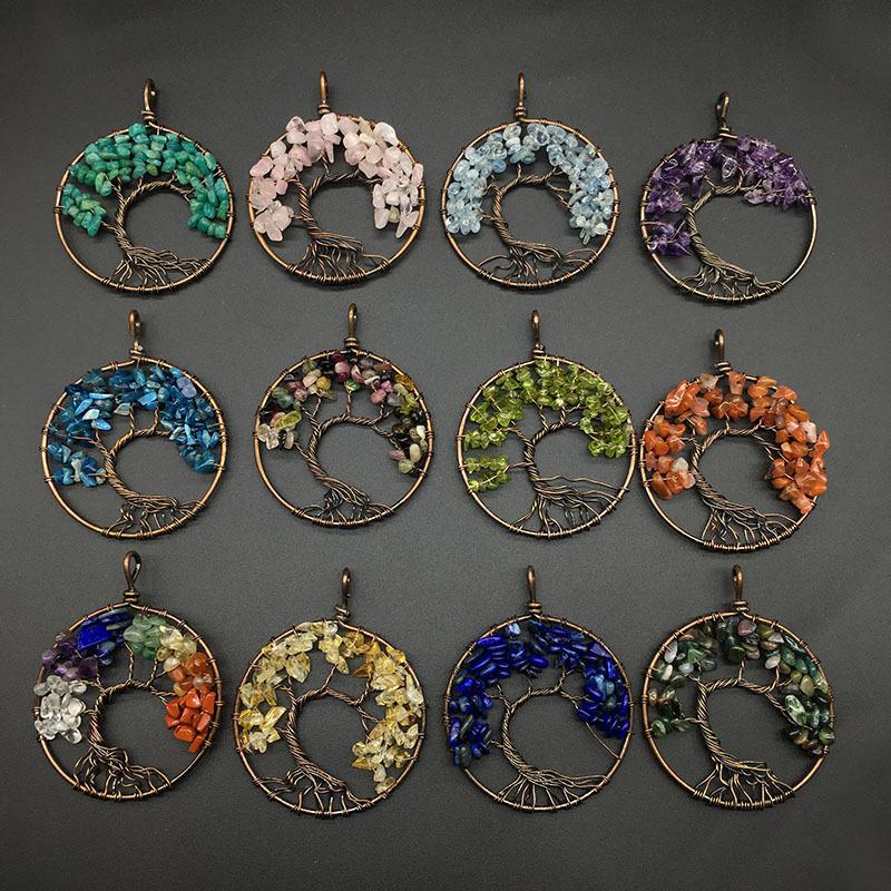 

Pendant Necklaces Healing Jewelry Natural Stone Colorful Chips Gravel Beaded Tree Chakra Pink Purple Crystal Necklace For Women, Silver