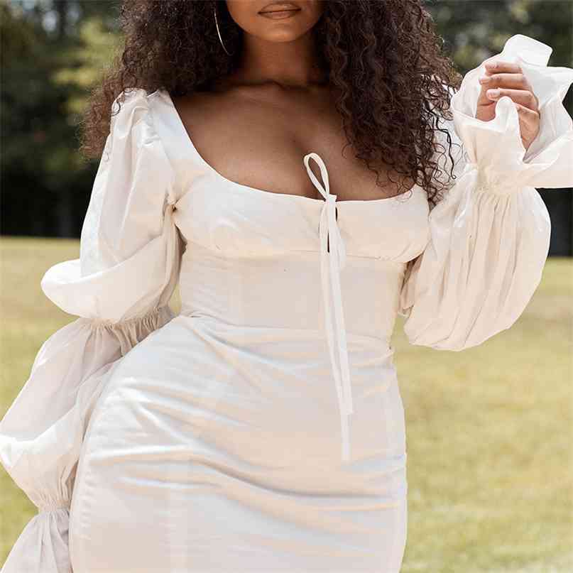 

Sexy White Long Puff Sleeve Women Dress Vintage Square Collar Tie-up Slim Mini Elegant Ladies Party Streetwear 210603