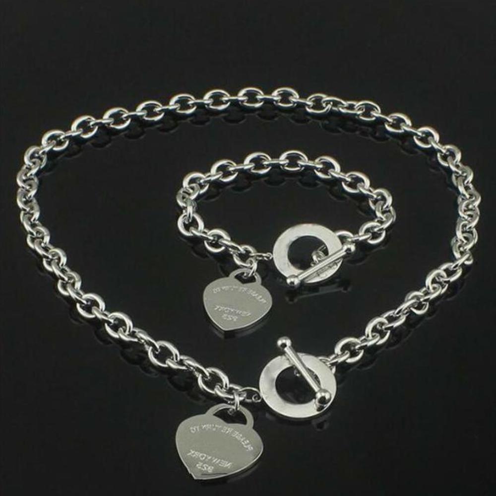 

Hot sell Birthday Christmas Gift 925 Silver Love Necklace+Bracelet Set Wedding Statement Jewelry Heart Pendant Necklaces Bangle Sets 2 in 1