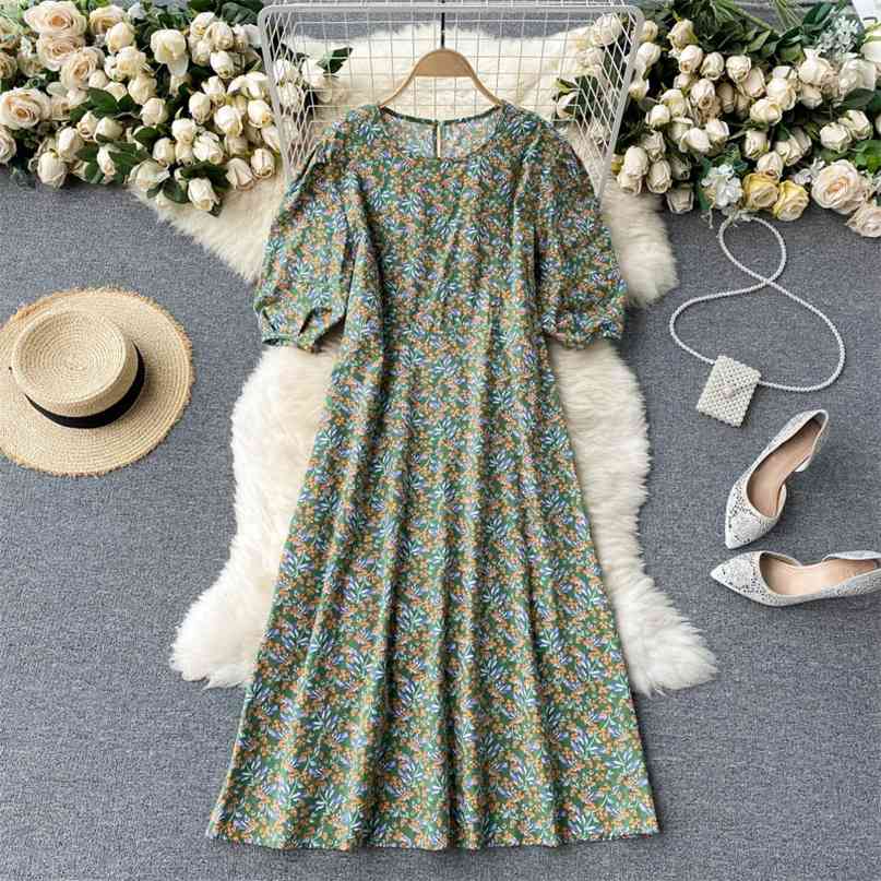 

Women's Vintage Floral Print Dress Short Puff Sleeve O-neck Summer Simple Style Korean Fashion Loose Vestidos 210603, Green