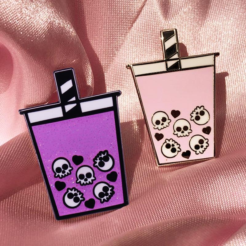 

Pins, Brooches Occult A Spooky Skull Boba Tea Enamel Brooch Pins Badge Lapel Alloy Metal Fashion Jewelry Accessories Gifts