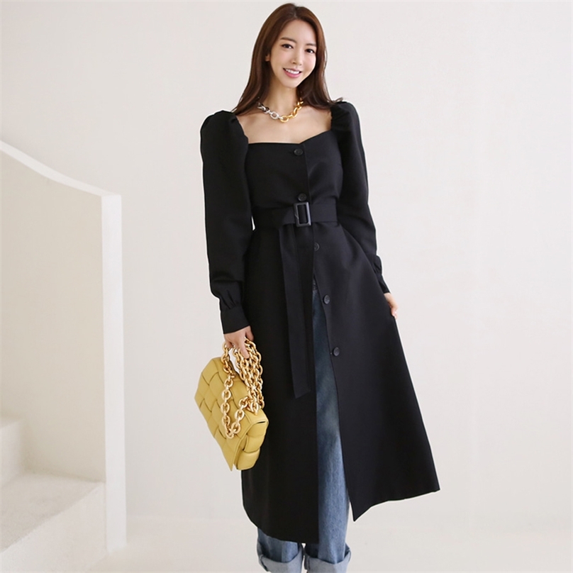 

Autumn high-end han edition OL temperament single-breasted lace-up accept waist long trench coat 210602, Black