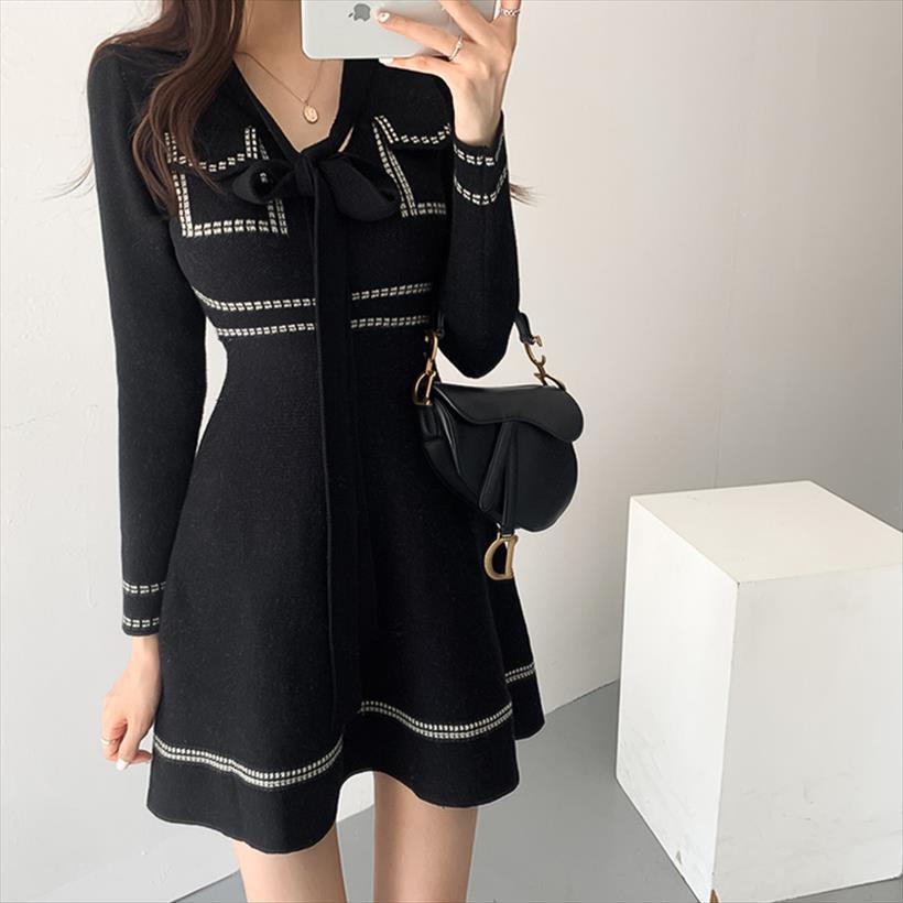 

korean knitted lace up women dress bow mini long sleeve a line dresses elegant fashion ladies vestidos femme sweater, Black;gray
