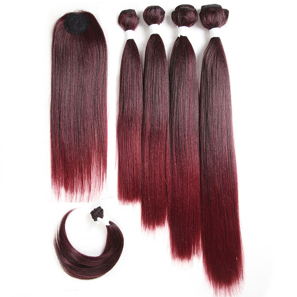 Costume Accessories Ombre Red Synthetic Hair Bundles with Closure and Bangs 12-18 inches Hair Extension for Unprocessed wig hair weft weavi-image-749078520