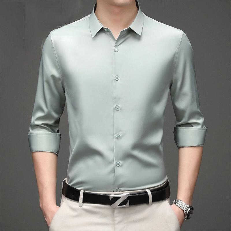 

Men's Casual Shirts Green Men 2021 Long Sleeve Satin Mens Shirt Slim Business Work Camisas Non Iron Solid Chemise Homme 26+Colors, White