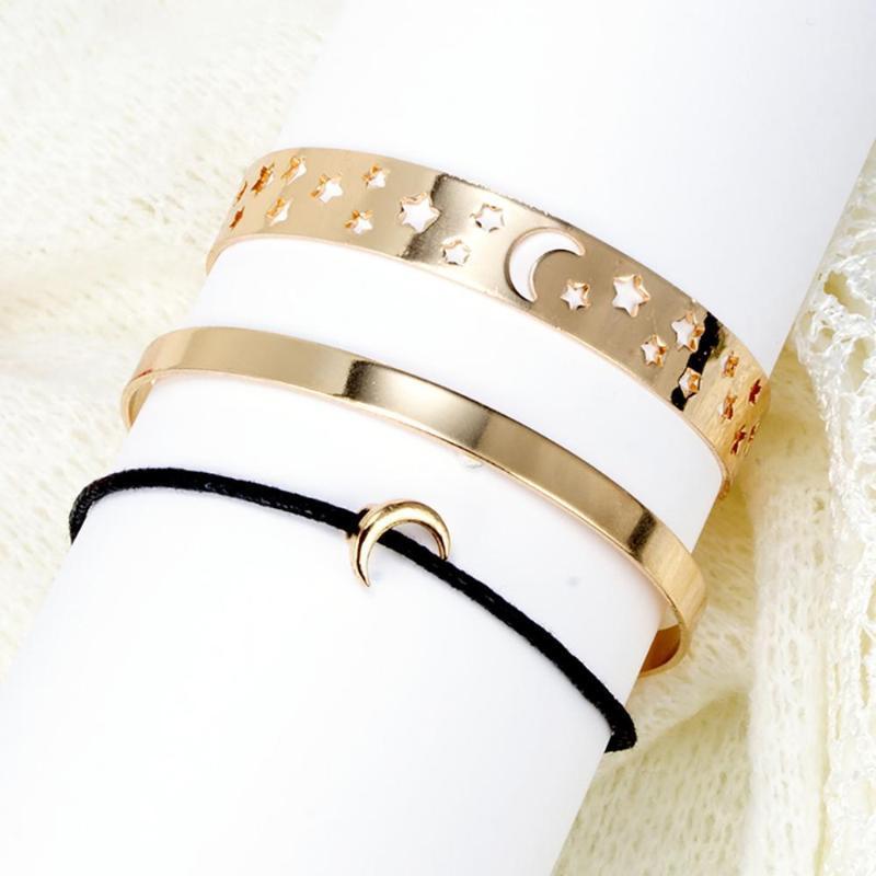 

Retro Personality Moon Star Pendant Small Black Rope Alloy Bracelet 3 Piece Set Bangle