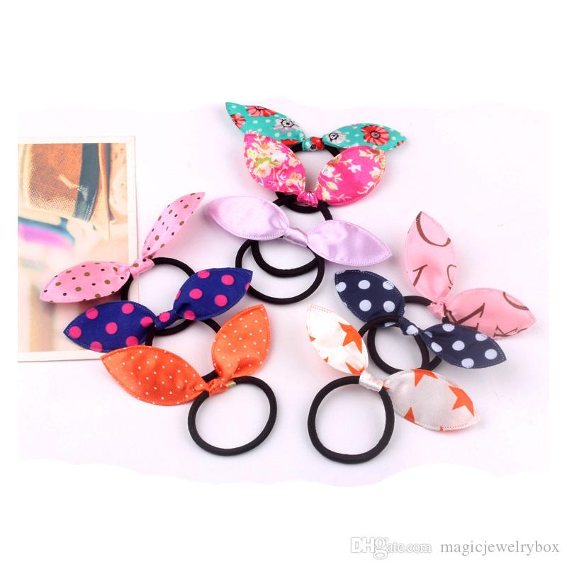 

Cute Girl Elastic hair ties hair bands Bunny Rabbit Ears Bows HairBands Stripes Dots girls ponytail holder pony hair accessories