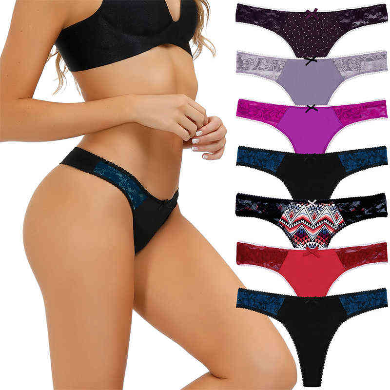 

7pcs/Pack Womens Thong Underwear Lace Trim Soft Sexy Lingerie Panties Set Assorted Different Lace Pattern & Colors 211109, Color group j 7pcs