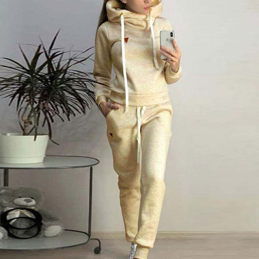 

2021 New Spring Casual Warm Fleece Hoodies Suit Women 2 Pcs Set Tops and Trousers Leisure Tracksuit Sports Pants Outfits Q5e3, As photo