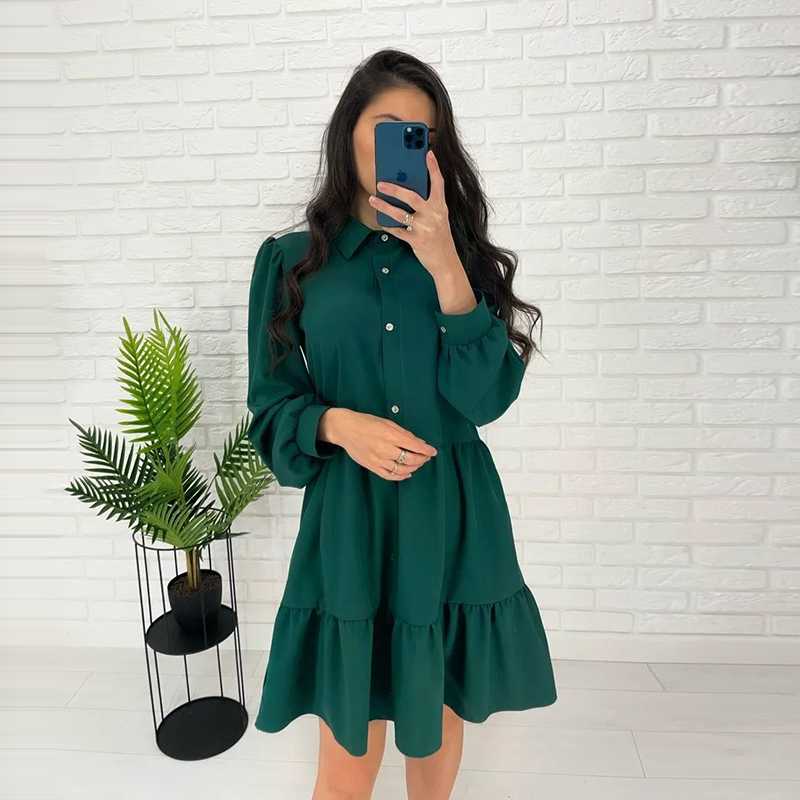 

Casual Dresses Button Ruffles Shirt Dress Draped Lantern Sleeve Turn Down Collar Office Lady Fashion High Waist Knee 2021 Autumn, Black