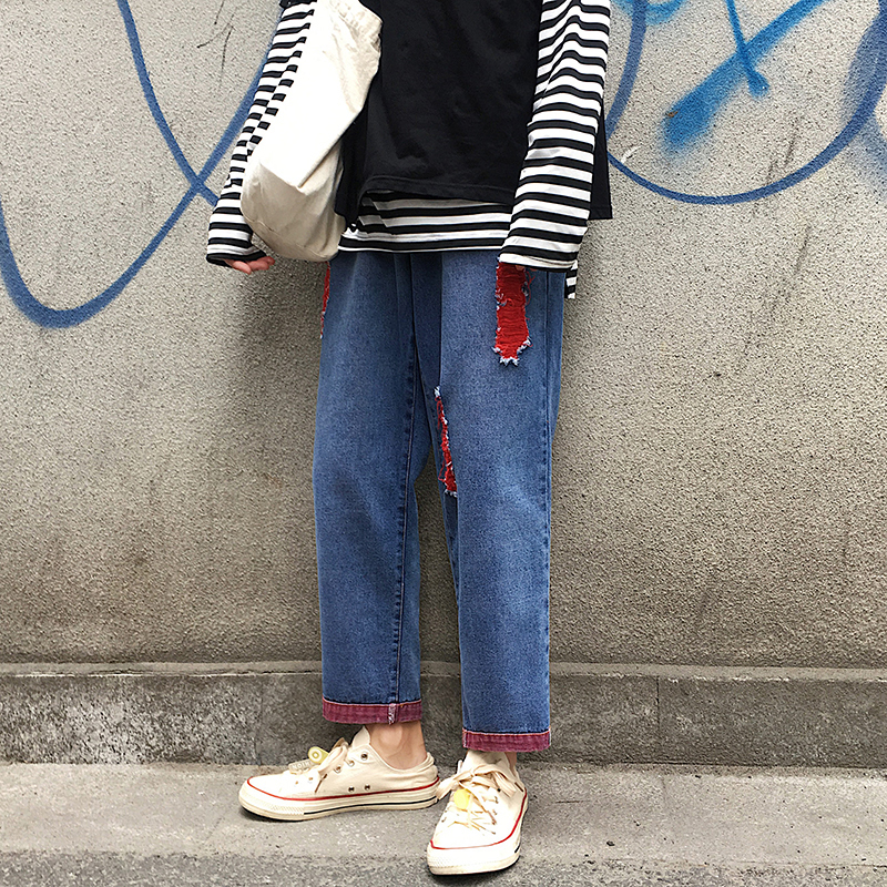 

2021 New Summer Men's Holes Baggy Homme Cargo Pocket Jeans Blue Color Casual Pants Biker Denim Loose Trousers Plus Size M-3xl Ff48, Red