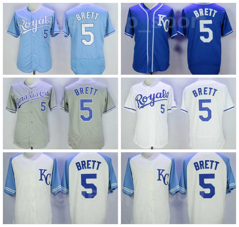 

Baseball 2018 Style 5 George Brett Jersey Men Blue White Grey Embroidery And Stitched Flexbase Cool Base Cooperstown Top Quality Clearance