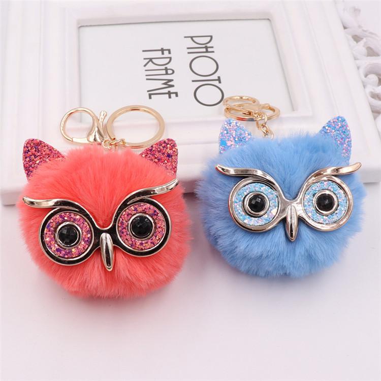 

Adorable Fluffy Rabbit Fur Ball Pompom Owl Keychain Women Artificial Bunny Animal Key Chain Pom Pom Keyring Jewelry Party Gift