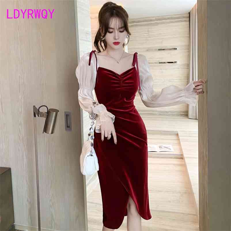 

Red gold velvet dress autumn/winter temperament Hepburn style Office Lady Polyester Sheath Solid 210603