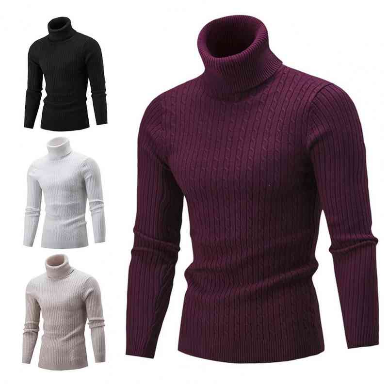 

men's casual slim knitwear s solid color long sve knitted all-matched turtleneck twist men sweater pullover, Black