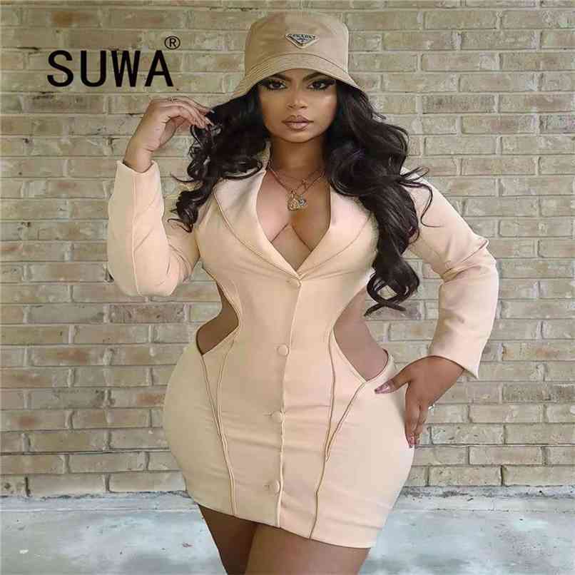 

Side Hollow Out Single-Breasted Elegant Work Wear Women Dresses Free Long Sleeve Jacket Blazer Lady Sexy Club 210525, Beige