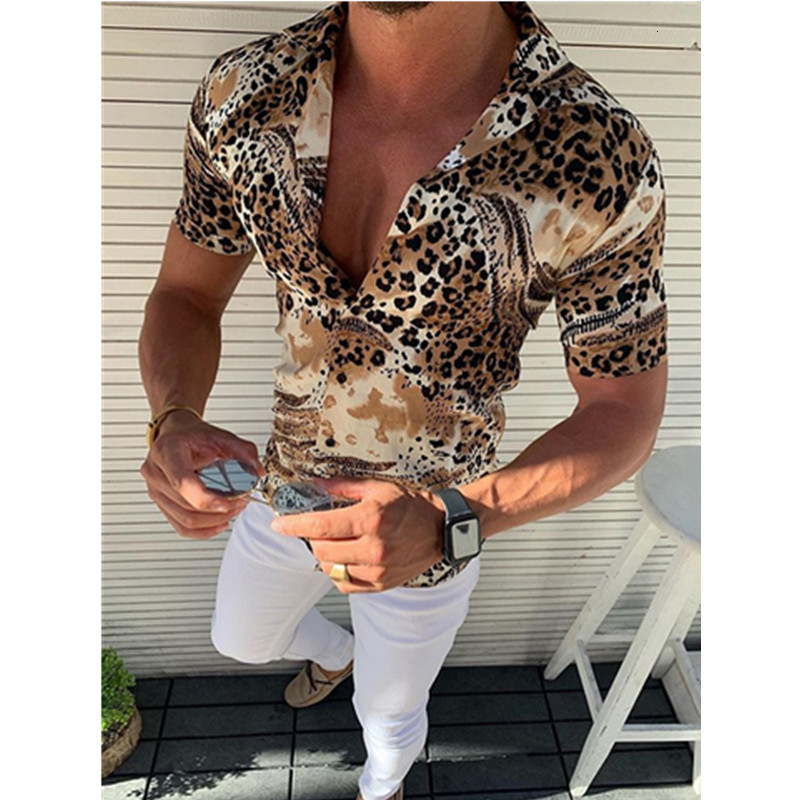 

2021 Autumn Man Vintage Shirt Mens Leopard Printed Lapel Short Sleeve Slim Hawaiian Harajuku Men Shirts Chemise Homme P5d1, Multi