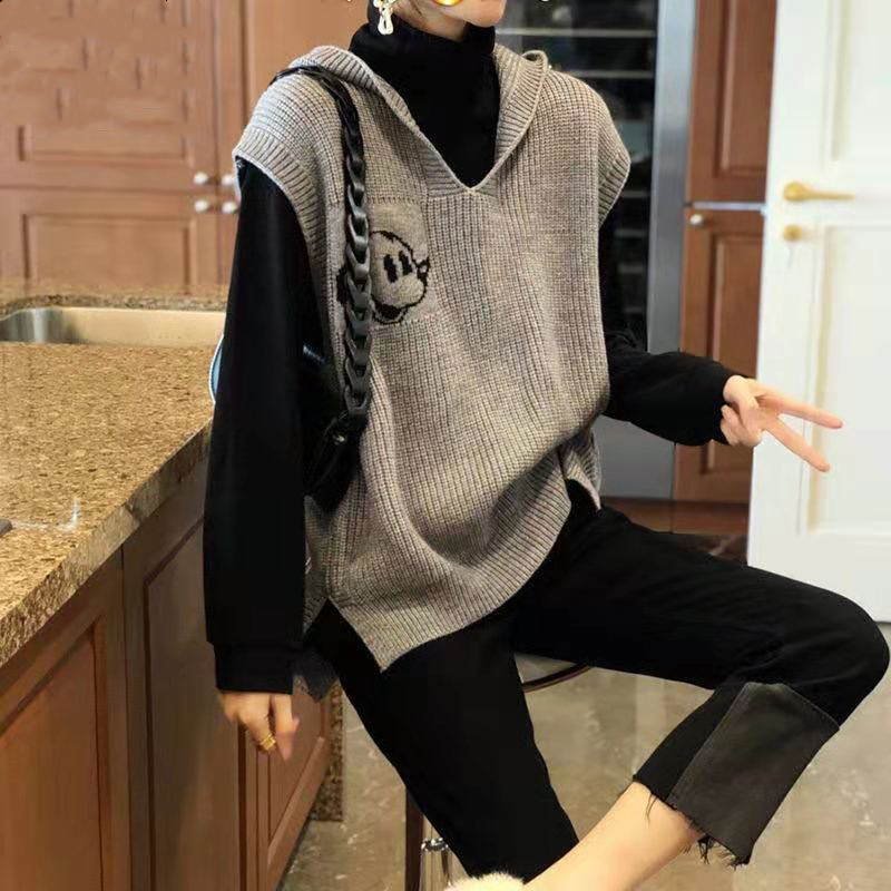 

2021 New Spring Autumn Womens Sleeveless Sweater Fashion Open Fork Hooded Vests For Women High Quality Oversize Vest Female, White;black