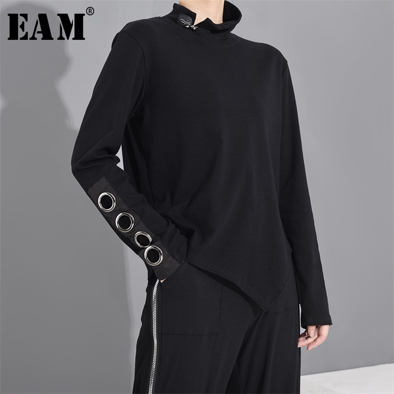 

[EAM] Women Black Hollow Out Asymmetrical Split Joint T-shirt Stand Collar Long Sleeve Fashion Spring Autumn 1M87401 211110