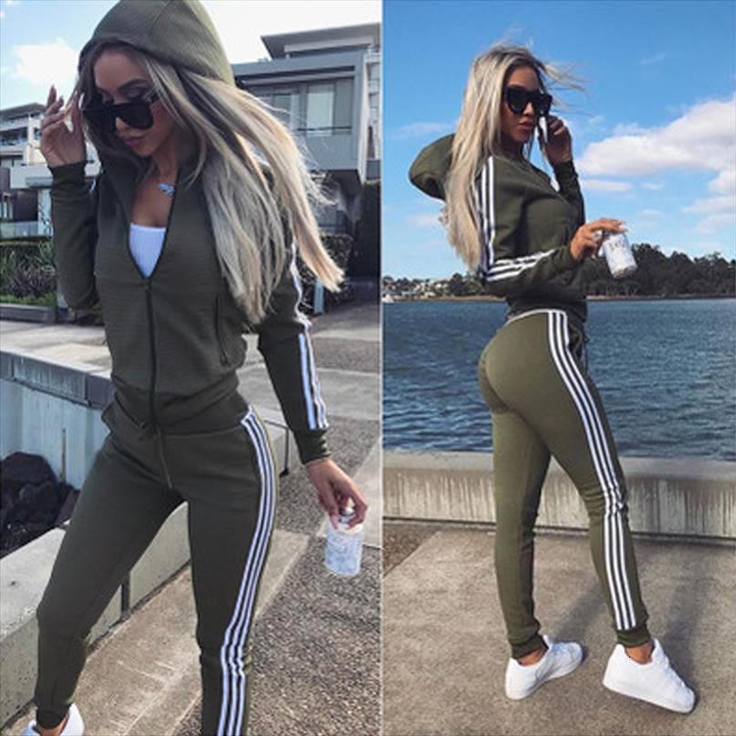 

solid color jacket hooded two womens pants piece suit fashion casual sports autumn winter cotton office lady zipper, White