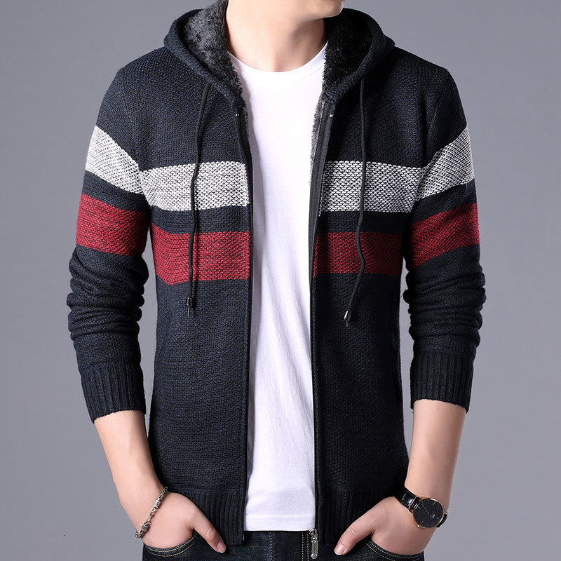 

2021 New Winter Fleece Cardigan Mens Fashioutn Striped Knit Owear Coat Sweater Man Hooded Warm Sweatercoat Men 3xl X1b7