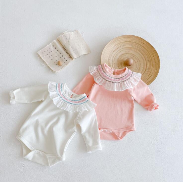 

Rompers 2021 Boys Girls Embroidery Cotton Full Sleeve Autumn Babys Jumpsuit, Pink