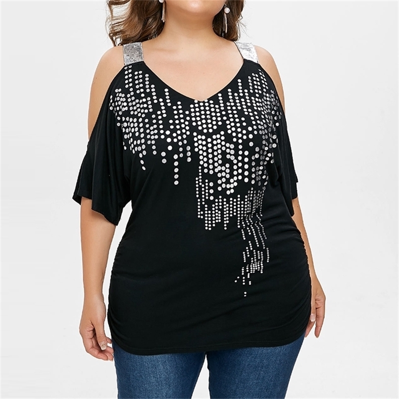 

Plus Size Womens Tops and Blouses Summer Polka Dot Blouse Women Sexy Cold Off Shoulder Top Casual Short Sleeve Shirt Blusas 210719, Black