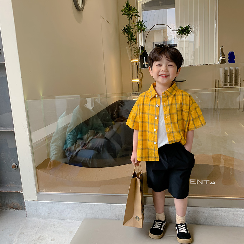 

Boys fashion summer plaid shirts Children cotton short sleeve loose cool shirt 210508, Yellow