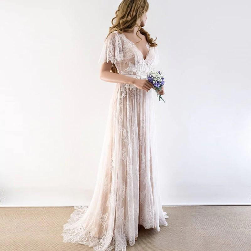 

Bohemian Lace A Line Wedding Dresses Sexy Backless Bride Dress Deep V-neck Short Sleeves Country Boho Bridal Gowns Nude Lining 2021 Plus Size robe de mariée, Ivory