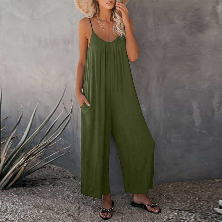 

Women Straps Jumpsuits Summer Fashion V Neck Sleeveless Wide Leg Playsuits Solid Loose Rompers Ladies Casual Long Overalls 210526, Gray