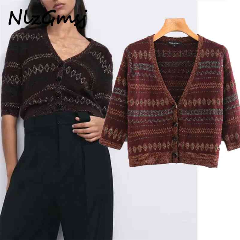 

Sweater Women Fashion Gem Button Cropped Knitted Cardigan Vintage Short Sleeve Female Outerwear 210628, As picture