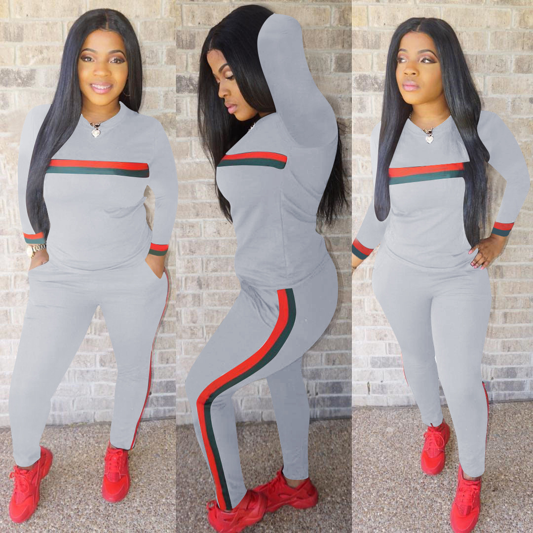 

New Womens Tracsuits Long Sleeve Sports Suit Daily Tops and Pants Lady Striped Print Autumn Winter Jumpsuit 2 Pieces Outfits Sport Sweatsuit, Gray