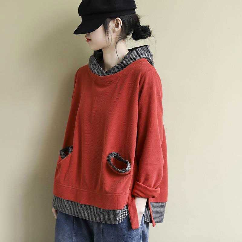 

Spring Autumn Arts Style Women Long Sleeve Loose Casual Hooded Pullovers Double Pocket Fake Two Piece Hoodies Big Size M695 210608, Brown