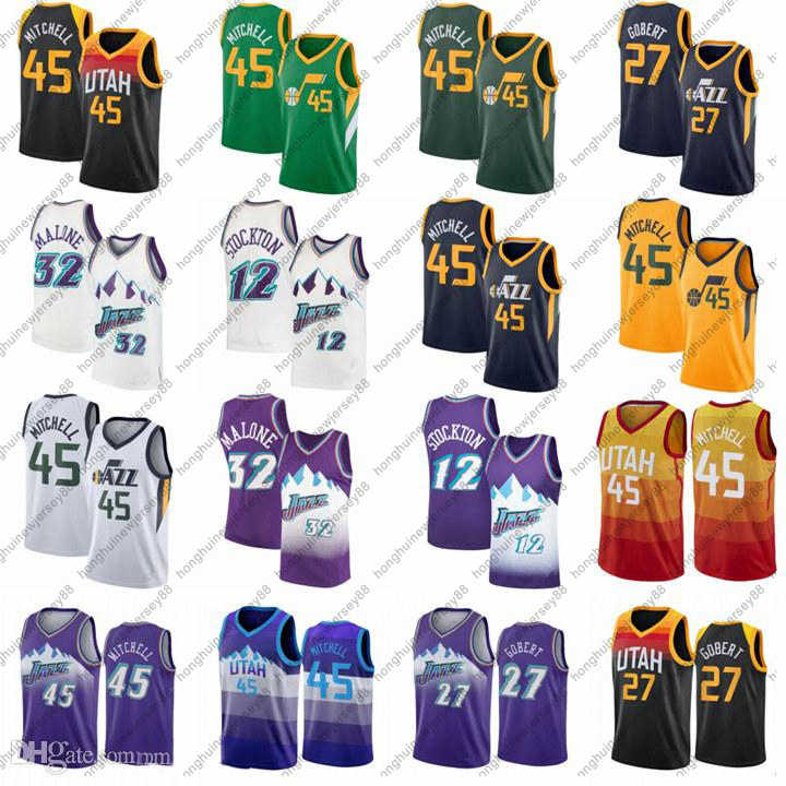 

Vintage Donovan 45 Mitchell Basketball Jerseys Men's Rudy 27 Gobert Mike 10 Conley John 12 Stockton City Karl 32 Malone Green Edition retro shirt